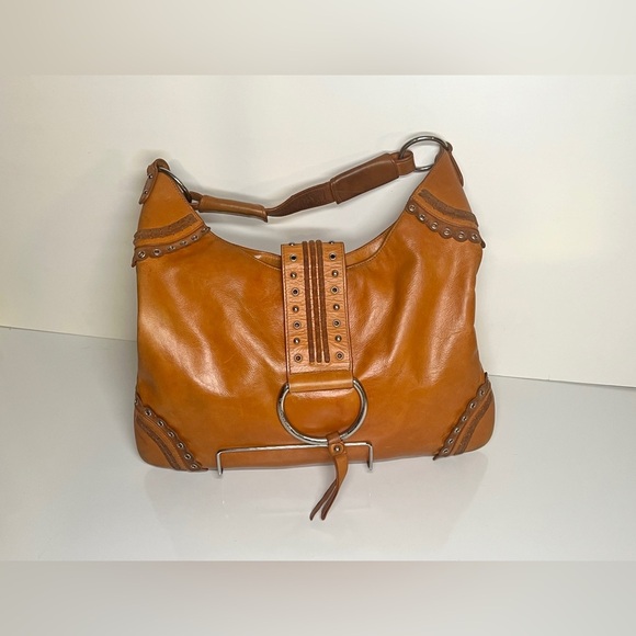 BCBGIRLS Camel leather grommet accent shoulder bag - Picture 1 of 9